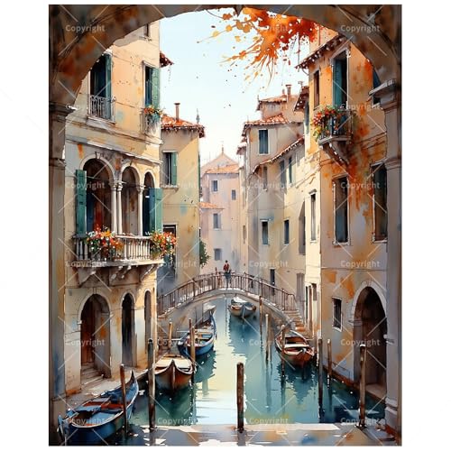 Autumn European Architecture Paint by Numbers Kit for Adults - DIY Venice Canal Painting on Canvas 16x20In, Framed Acrylic Paint Set for Beginners, Artistic Wall Art for Home Decoration or Gifts - color: FM03804, size: 16×20in Framed