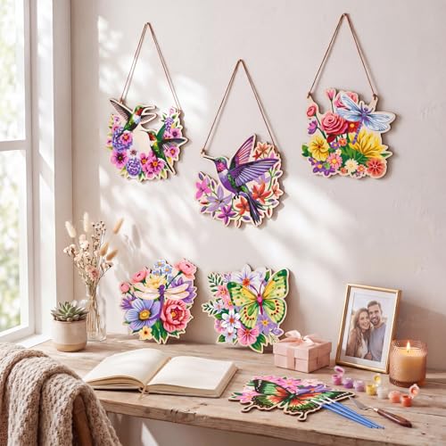 ForraFun 6 Pcs Paint by Number Hanging Ornaments, DIY Wall Art Craft Kits | Wooden Floral Wood Cutouts with Acrylic Paint, Brushes & Hanging Twine for Art Ornaments for Home Wall Door Window Decor