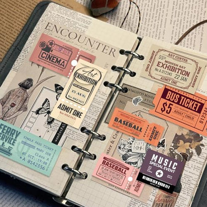200Pcs Vintage Washi Stickers for Scrapbooking Supplies & Junk Journaling | Aesthetic Stickers for Water Bottles, Craft Kits, Bullet Journals - style: Tickets