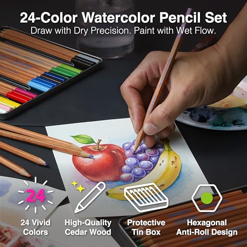 COLOUR BLOCK 24PC Premium Cedar Wood Watercolor Pencil Set with I Ideal pencil kit for Drawing, Sketching, Coloring and Painting travel watercolor pencils