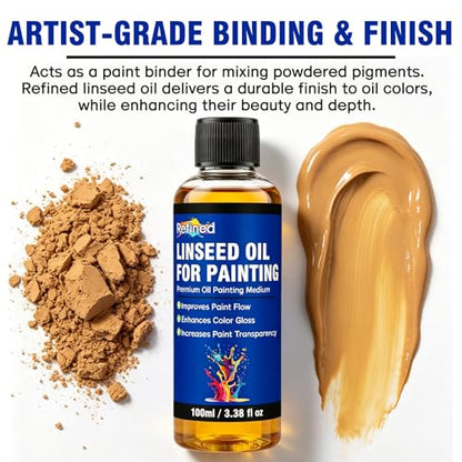 Linseed Oil for Painting 100ml, Refined Linseed Oil, Oil Paint Medium and Thinner for Artists, Improves Flow and Blending, Ideal for Glazing, Enhances Transparency and Gloss Finish - size: 3.38 Fl Oz (Pack of 1)