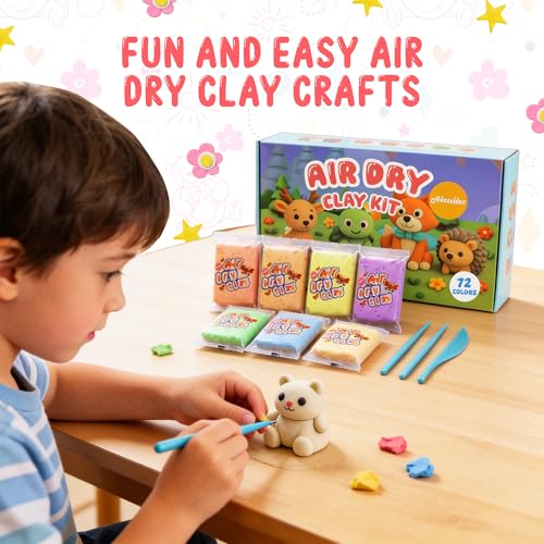 Air Dry Clay for Kids – 72 Colors Soft Modeling Clay Kit, Non-Toxic, DIY Model Art & Crafts Toys with Sculpting Tools, Paintable Craft Kit, Home Party Favors, Birthday Gift for Ages 3+