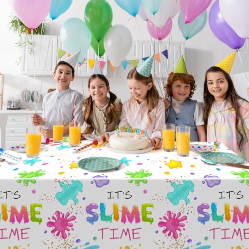 Tingjoo 3 Pack Slime Party Tablecloths It's Slime Time Art Table Covers 54 x 108 Inches Rectangle Glow Table Cloth Plastic Disposable Colorful Tablecloths for Art Birthday Party Decorations (Vibrant) - style: Vibrant Style