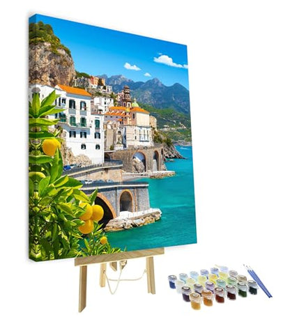 TUMOVO Paint by Numbers for Adults Beautiful View of Amalfi Oil Painting Paint by Numbers for Beginners Lemons in the Foreground Italy Paint by Numbers Kit DIY Oil Painting Children s Crafts Framed - color: Amalfi-F