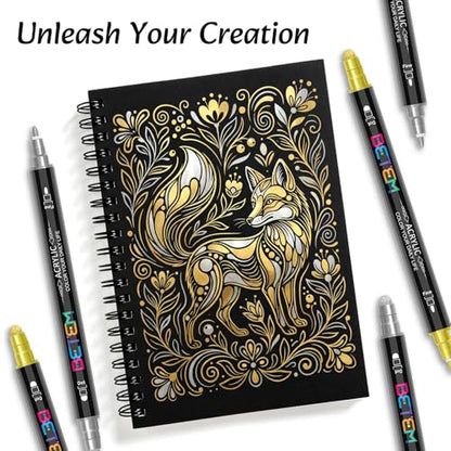 Betem 6 Gold&Silver Dual Tip Acrylic Paint Markers, Fabric Decorating Kits Premium Water-Based Acrylic Paint Pens Art Supplies for Fabric, Rock, Wood, Glass, Canvas, Ceramic, Teacher Appreciation Gift