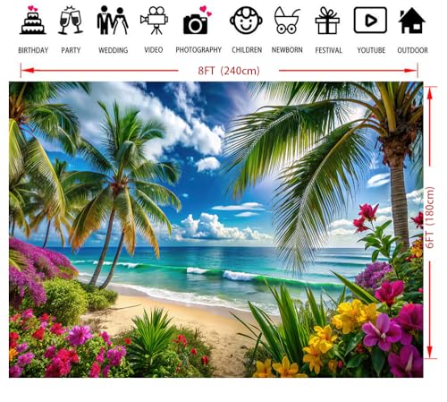 8x6ft Summer sea Backdrop Tropical Beach Plants Photo Backdrop Hawaiian Ocean Blue Sky Background for Theme Party Supplies Studio Props - size: 8x6ft
