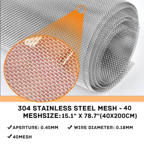 Woven Wire Mesh Stainless Steel Mesh Screen 15.7" x 78.7" Wire Mesh Window Screen Roll for Vent Cage Garden 40 Mesh