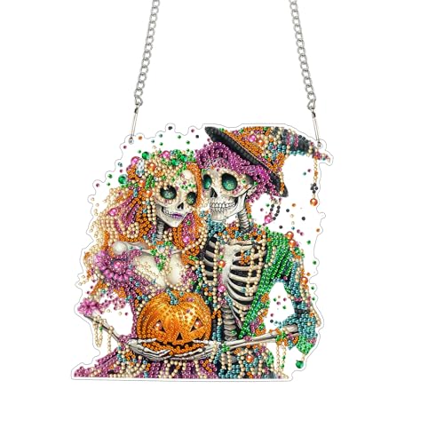 Bimkole Skull Hanging Diamond Pearl Art Kits for Adults Pendant C70 | DIY 5D Special Crystal Diamond Painting Halloween Window Suncatcher, Acrylic Pearl Art Autumn Winter Wall Decor 7.8x7.8 Inch - color: Couple skeleton