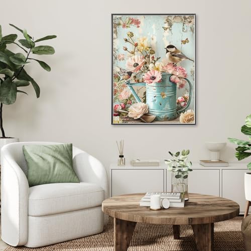 Retro Pastoral Diamond Art Kits for Adults,Bird&Flowers Diamond Painting | Diamond Art Kit for Beginners, 5D DIY Full Drill Diamond Painting Gem Art, Home Wall Art Gifts(12x16 inch) - color: DP03657