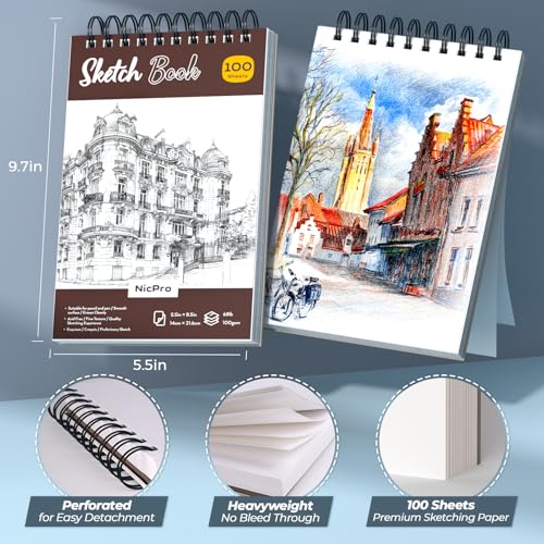 Nicpro 58PCS Art Drawing Supplies Kit, Leather Case, Art Supplies for Adult | Sketching Kit with 12 Micron Pen, 6 Art Mechanical Pencil Set 0.5-2mm, 100 Sheets Sketch Book, Best Gift for Artist Teen