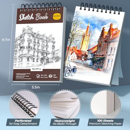 Nicpro 58PCS Art Drawing Supplies Kit, Leather Case, Art Supplies for Adult | Sketching Kit with 12 Micron Pen, 6 Art Mechanical Pencil Set 0.5-2mm, 100 Sheets Sketch Book, Best Gift for Artist Teen