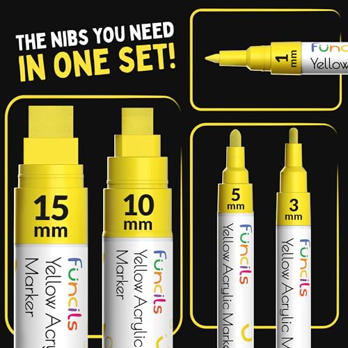 5 Yellow Paint Markers - Acrylic Paint Pen for Canvas, Wood, Metal | Extra Fine Tip, Thin & Jumbo (1mm, 3mm, 6mm, 10mm, 15mm) - Marker for Fabric, Rock Painting, Glass Markers - Water-based ink - color: Yellow