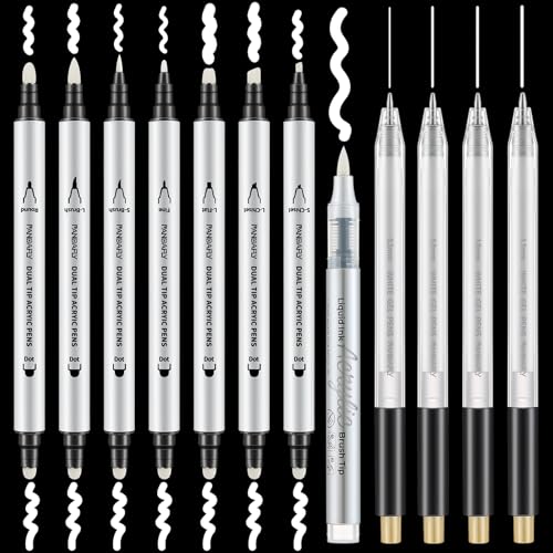 PANDAFLY 12 Pack White Pens Set, White Gel Pens, Dual-Tip Acrylic Paint Pen | Opaque Brush Tip Acrylic Markers for Black Paper Drawing, Sketching, Illustration & Card Making, Bullet Journaling