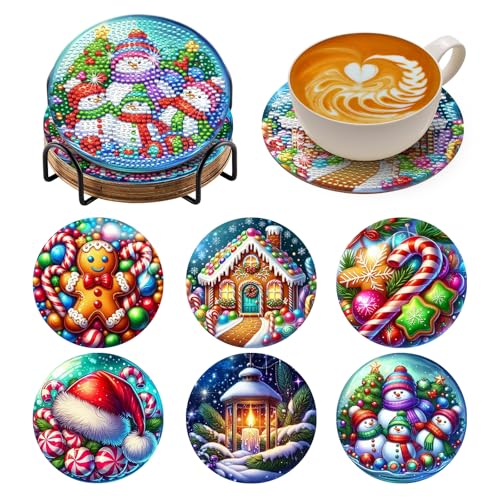Zynlio Christmas Diamond Paintings Coasters Kits Set with Holder, Christmas Diamond Art, DIY Diamond Crafts Coasters for Adults, Diamond Art Painting Kits for Women, Beginners, Diamond Craft Supplies - color: christmas