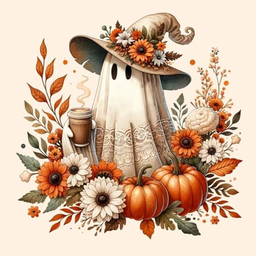 RYMILIE Halloween Diamond Art Kits for Adults Fall Pumpkins 12x12inch | 5D Coffee Ghost Diamond Painting Kit for Beginners, DIY Full Round Drill Gem Art Crafts for Home Wall Decor Gift - color: DP01263