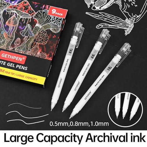 GETHPEN White Gel Pens, 05/08/10mm Opaque Ink Pen for Black Paper, 9 Pack