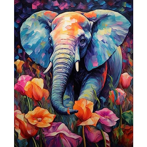 Tucocoo Elephant Paint by Number for Adults Beginner, DIY Digital Oil Painting Kits on Canvas with Brushes and Acrylic Pigment, Tulip Flowers Animal Hand-Painted for Home Decor 16x20inch (Frameless) - color: Artwork-03, size: 16''x20''(Without Frame)
