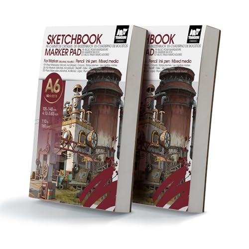 TRANSON 2 Pack A6 Mini Sketchbook Marker Pad, 110lb/160gsm Heavyweight Art Paper, No Bleed Through, 100 Sheets/200 Pages 4.13"x5.83" for Drawing & Sketching - size: 2 PACK A6 160gsm