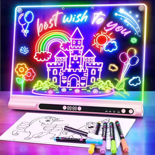 Geokay 16“ Rechargeable LED Drawing Board, 9-Color Light Modes with Timer & Built-in Stand, Neon Glow Up Dry Erase Doodle Note Pad, Sketching Gift Toy for Kids/Girls/Teens, 6 Markers & Tracing Book - color: Baby Pink