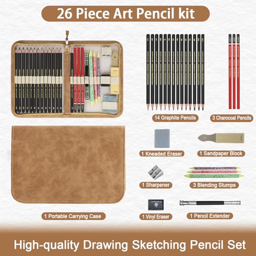 Heshengping, Sketching and Drawing Pencils Set 26pcs, Art Supplies Drawing pencil Kit,Graphite Charcoal Professional Pencils Set, Adults Beginners Artist - style: 26 Pack Sketching Pencils Brown