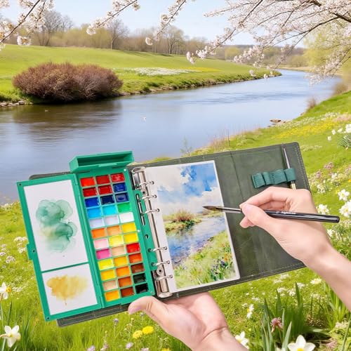 Travel Watercolor Sketchbook Set - 100% Cotton Cold Press 6.7x3.9 Inch Binder Art Journal with 36-Well Ceramic Paint Palette & 2 Travel Watercolor Brushes for Artists Outdoor Painting - color: Green