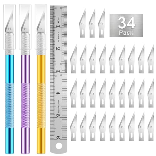 3PCS Craft Knife Hobby Knife Includes 30PCS Spare Exacto Knife Blades #11 and A Ruler, HEADLEY TOOLS Precision Exacto Knife Set Ideal for Crafting, Scrapbooking, Arts, DIY, Stencil, Carving - color: 3 Colors