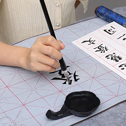 MEGREZ Reusable Water Writing Calligraphy Cloth Set No Ink Practice Kit | 32 grids, 4pcs set, brush pen & water dish, copy template, multi color options, mess-free, calligraphy practice - color: Blue