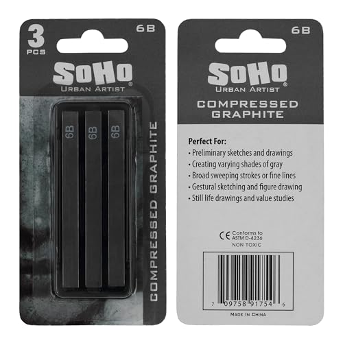 SoHo Urban Artist Compressed Graphite Sticks 6B, Pack of 3 - Premium Graphite Sticks for Drawing - Versatile & Smooth Gliding Artist Graphite - Ideal for Professionals, Students, and Artists - color: 6B