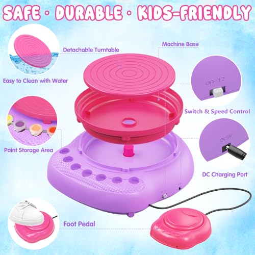 Weilim Pottery Wheel for Kids Beginners, Air-Dry Clay & Paint Kit Ages 6-12 | 3 Clay Packs, 14 Paint Colors, Sculpting Tools, Brushes, Palette,Apron; Gentle Beginner Spin, USB Rechargeable, No Oven - color: Purple