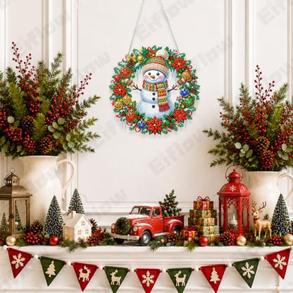 Eiflow Acrylic Christmas Diamond Art Hanging Kit for Adults, DIY Diamonds Painting Door Hanger Ornament Kit Snowman Wreath Crystal Diamond Art Painting Wall Window Hanging Pendant - color: Christmas Wreath