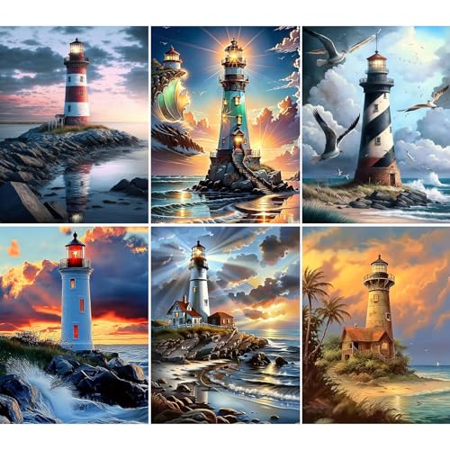 WUDWL 6 Pack Diamond Art Kits for Adults Diamond Painting Kits for Aduls | Lighthouse 5D Diamond Dots Gem Art Crafts with Tools, Round Full Drill Crafts for Home Wall Decor-10 X14 Inch - color: DP01393