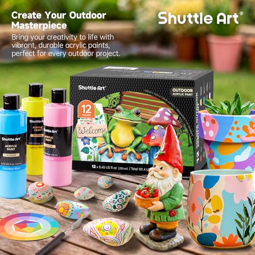 Shuttle Art Outdoor Acrylic Paint Set, 12 Colors Waterproof Paint, 8.45oz/250ml Large Bottles, Rich Pigmented Bulk Painting Supplies for Artists, Beginners on Rocks, Wood, Wall, Crafts, Garden Statues | Highly pigmented, non-toxic acrylic paints in bottle