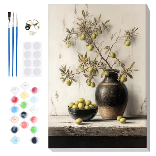 Bowetile Framed Paint by Numbers Flower Kit for Adults, Adults' Paint-by-Number Kits on Canvas, Painting by Numbers Olive Branch Vase, Acrylic Number Painting Gifts for Home Wall Decor, 8x12in - color: Olive Branch, Vase