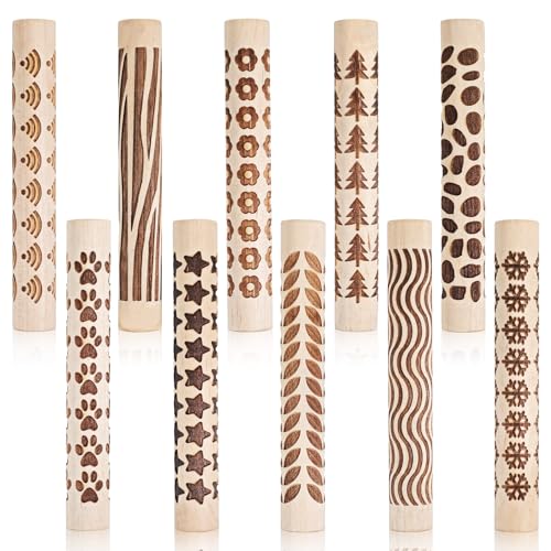 10 Styles Clay Texture Roller Bulk 4.3 X 0.6" 3D-Printed Clay Pottery Tools | Wooden Pottery Stamp Natural Color Handmade Potterys Tools and Supplies for DIY Handicrafts