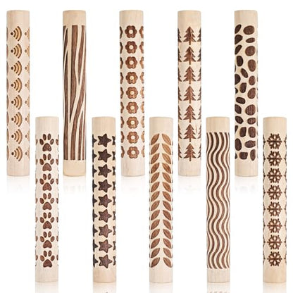 10 Styles Clay Texture Roller Bulk 4.3 X 0.6" 3D-Printed Clay Pottery Tools | Wooden Pottery Stamp Natural Color Handmade Potterys Tools and Supplies for DIY Handicrafts