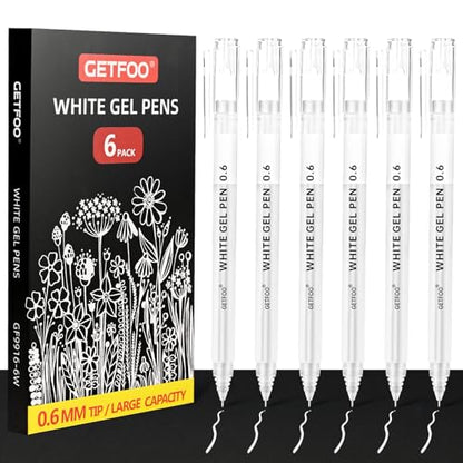 6 Pack White Gel Pens, 0.6mm Fine Point, Archival Opaque White Ink - size: 0.6mm