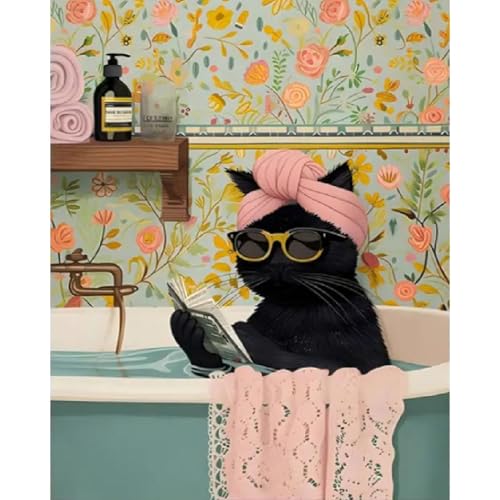 Canrichshop Black Cat Adult Paint by Number,Funny Bathing Cat Adults' Paint-by-Number Kits,DIY Acrylic Paint Kit for Adults Beginners Unframed,Easy Paint by Numbers Canvas for Decor 16x20inch - color: MT20974