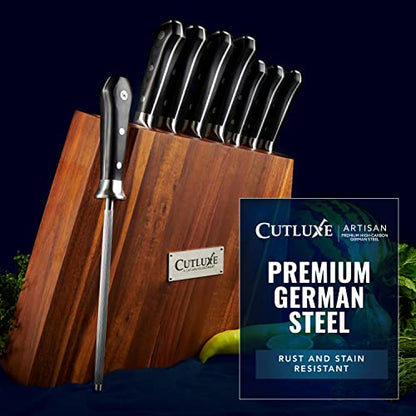 Cutluxe Kitchen Knife Set, 8-Piece Chef Knives with Acacia Wood Block | Razor Sharp Full Tang Blades, High Carbon German Steel – Artisan Series, Professional - size: 8 Pcs Knife Set with Block
