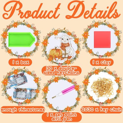 WILLBOND 30 Pcs Thanksgiving Diamond Art Kits for Adults, Animals Theme | Thanksgiving Diamond Painting Ornaments, Double Sided, DIY Thanksgiving Animals Diamond Painting Keychain for Adults - color: Fall Animal