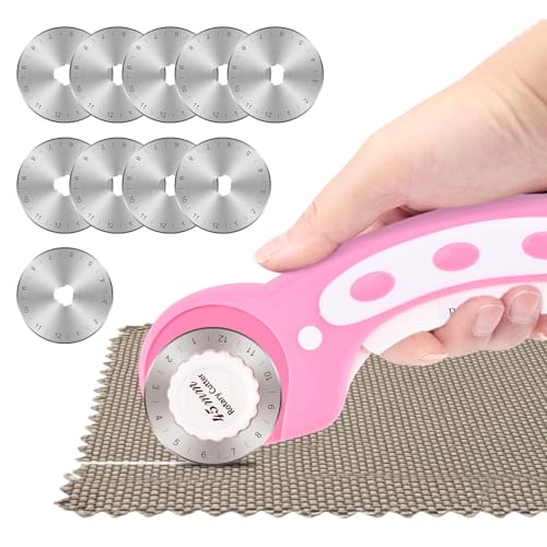 45mm Rotary Cutter for Fabric with 10pcs Replacement Blade, Rolling Fabric Cutter Crochet Edge Skip Stitch Blade for Quilting Crafts Sewing(COLOR:pink)