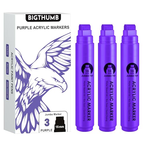 BIGTHUMB 3 Pcs Purple Jumbo Permanent Markers: 15mm Wide Tip Thick Acrylic Paint Pen Large Calligraphy Marker for Rock Painting, Poster, Sign, Canvas, Glass, Wood, Ceramic - color: Purple