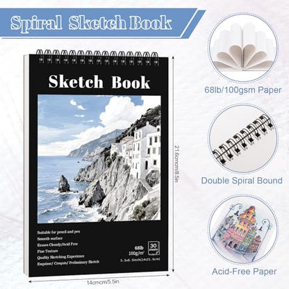 4 Pack Small Sketch Books 5.5 × 8.5 in, Spiral Bound, Black | 100gsm Acid-Free Paper, 30 Sheets Each, Dry Media Friendly, Hardcover Backing, Travel & Classroom Use - color: Black, size: 5.5 × 8.5Inch（4 Pack）
