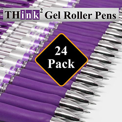 [24 Pens - Purple Ink] Think2 Retractable Gel Pens. (24 Purple) Fine Point (0.5mm) Rollerball Pens with Comfort Grip. - color: Purple