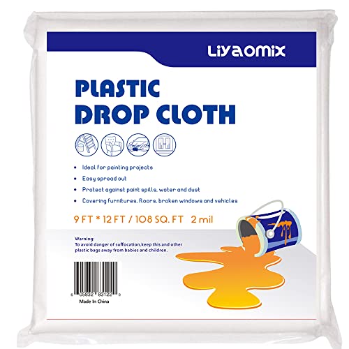 1 Pack 2 Mil Plastic Drop Cloth 9ft x 12ft, Heavy Duty Plastic Painters Drop Sheet, Waterproof Paint Tarp for Painting, Renovations - Floor Covering & Dust Cover