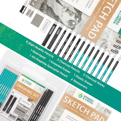 Drawing Set - Sketching and Charcoal Pencils - 100 Page Drawing Pad, Kneaded Eraser. Art Kit and Supplies for Kids, Teens and Adults, Sketch Set