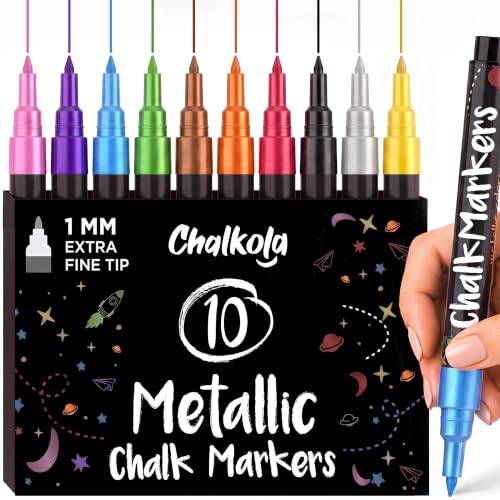 Chalkola 10 Extra Fine Tip Metallic Chalk Markers for Blackboard - 1mm Tip - size: Extra Fine Tip - 1mm