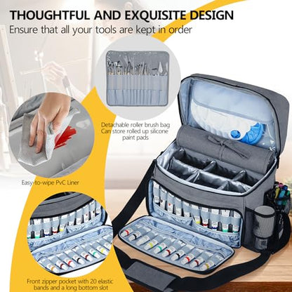 Acrylic Paint and Brush Set Organizer Bag - Carrying Case Compatible with Apple Barrel, Shuttle Art, Caliart Art Supplies - Includes Detachable Paint Brush Holder - for Travel/Outdoor Sketching (Gray) - color: Gray