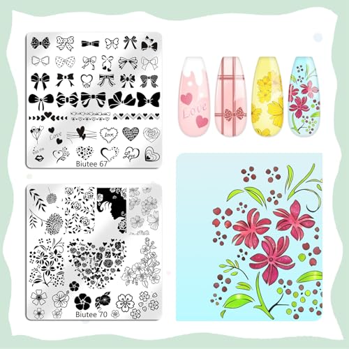 Biutee 16PCS Nail Stamping Plates Nail Stamping Kit with Nail Art Stamper | Nail Stamper Kit with Scraper & Storage Bag, Nail Art Stamping Plates Butterfly Flower Leaf Bowknot Design for DIY Nail Art - color: 20 Piece Set