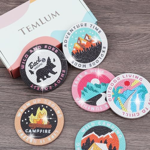 Temlum 6pcs Diamond Art Coasters Kits for Adults with Holder, Camping | Diamond Painting Coasters, Small Diamond Painting Kit Art Craft Supplies - color: Outdoor Coasters With Holder