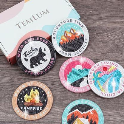 Temlum 6pcs Diamond Art Coasters Kits for Adults with Holder, Camping | Diamond Painting Coasters, Small Diamond Painting Kit Art Craft Supplies - color: Outdoor Coasters With Holder
